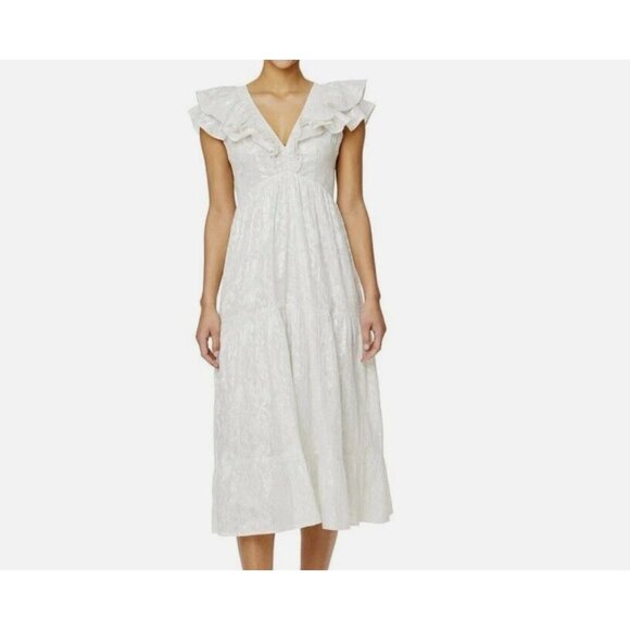 Roller Rabbit Ondine Lurex Size XL White Silver Ruffle Cap Sleeve Midi Dress - Picture 1 of 10